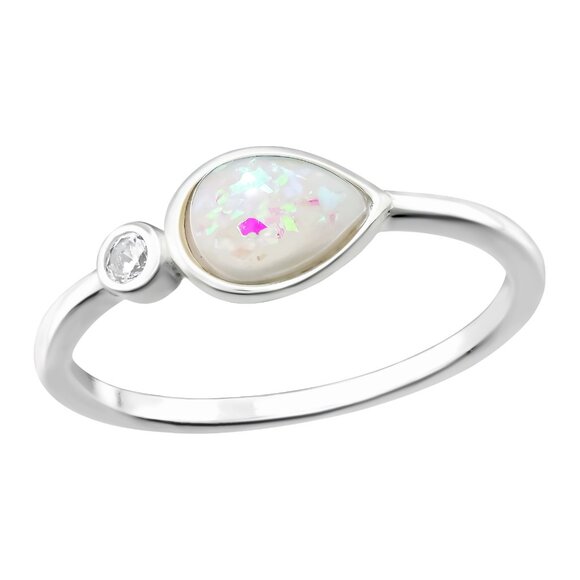 Sterling Silver Opal Teardrop Ring with Sparkling Accent - Picture 1 of 13